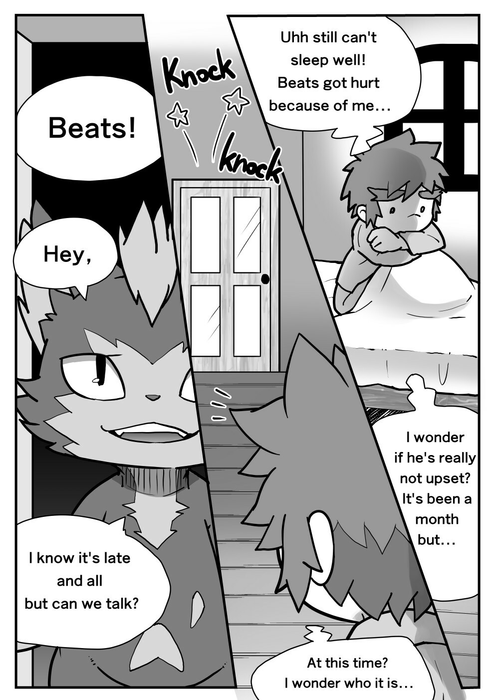 2021 anthro arms_on_knees beats_(monster_hunter) bed bedroom black_and_white capcom clothed clothing comic dialogue digital_media_(artwork) domestic_cat door doorknob duo english_text felid feline felis felyne fingers first_page fur furniture hair hi_res human inside internal_monologue knocking_on_door lynian male mammal monochrome monster_hunter monster_hunter_stories name_in_dialogue name_in_internal_monologue nariki_(monster_hunter) ofuro on_bed onomatopoeia open_mouth shirt sitting sound_effects speech_bubble standing_in_doorway star star_reaction star_symbol teeth text thought_bubble topwear under_covers video_games window young