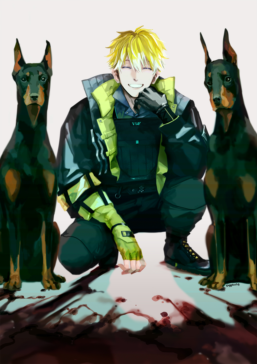 1boy ^_^ black_eyes black_footwear black_jacket black_pants blonde_hair blood boots closed_eyes collared_shirt doberman dog fingerless_gloves gloves grey_background grey_shirt head_tilt highres jacket looking_at_viewer male_focus nijisanji nijisanji_en pants shirt smile solo sonny_brisko squatting virtual_youtuber welldoneegg yellow_gloves