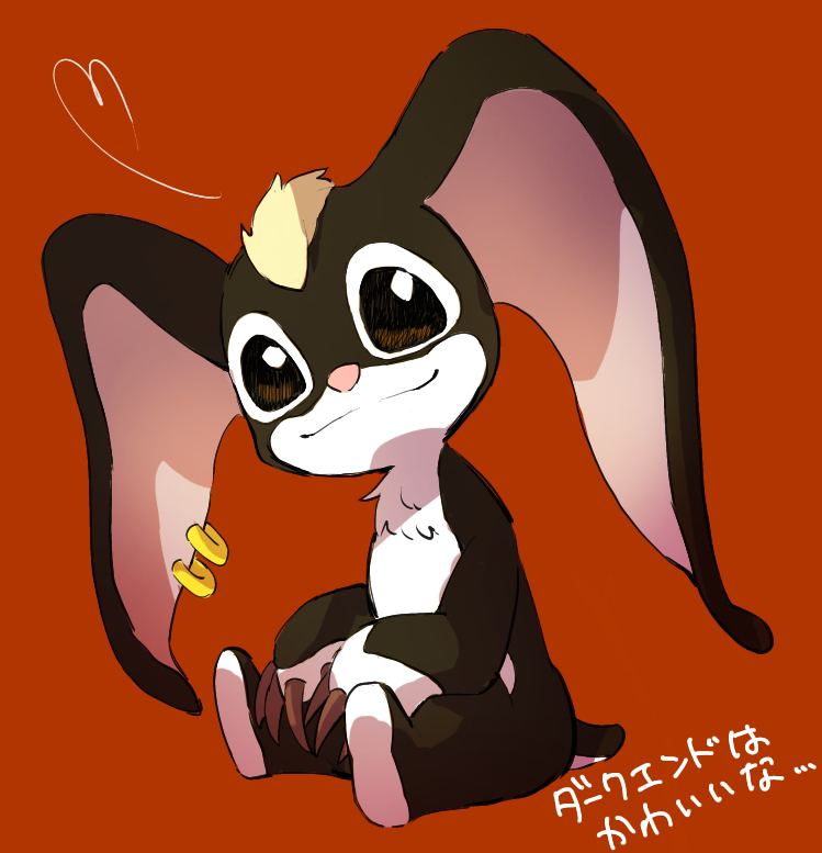 &lt;3 2021 akashi_0602 alien ambiguous_gender big_ears black_and_white_fur black_body black_fur blonde_hair brown_background brown_eyes chest_tuft dark_end_(stitch!) disney ear_piercing ear_ring experiment_(lilo_and_stitch) fur hair japanese_text lilo_and_stitch looking_at_viewer male_(lore) piercing pink_nose simple_background sitting small_tail smile solo stitch! text translation_request tuft white_body white_fur