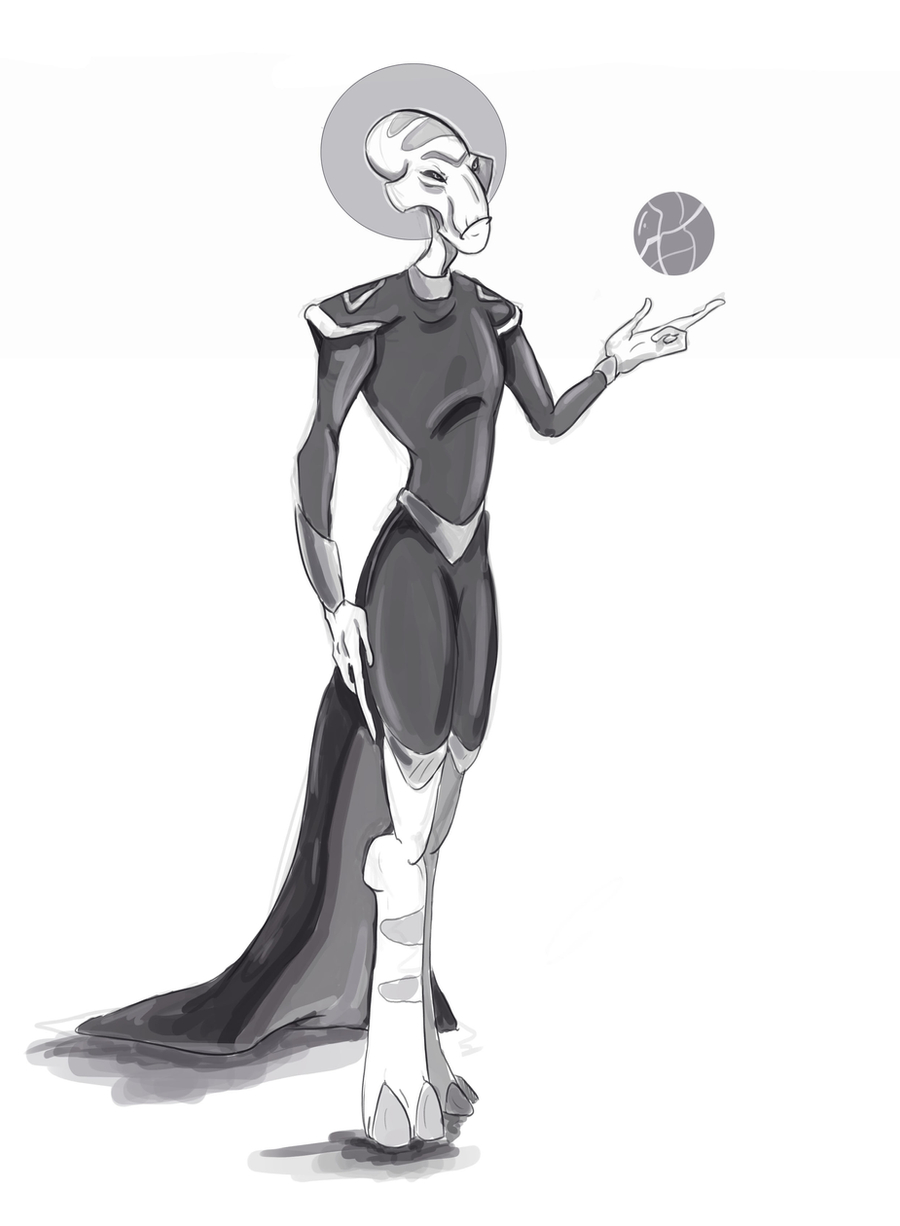 2015 3_fingers alien alien_humanoid cape clothed clothing disney eyebrows facial_markings female fingers forehead_markings grand_councilwoman greyscale head_markings hi_res humanoid leg_markings lilo_and_stitch markings monochrome orb simple_background solo standing thesphinxden unibrow white_background