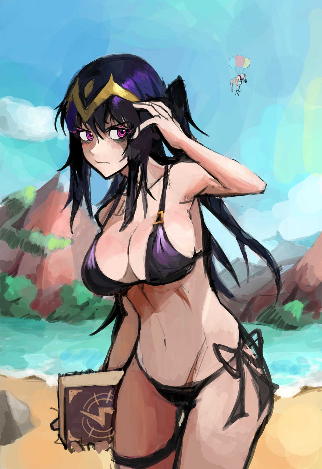 adjusting_hair balloon beach bikini black_bikini black_hair book breasts cleavage closed_mouth fire_emblem fire_emblem_awakening highres mountainous_horizon navel outdoors purple_eyes saiykik side-tie_bikini side-tie_bottom sketch sky swimsuit tharja_(fire_emblem)