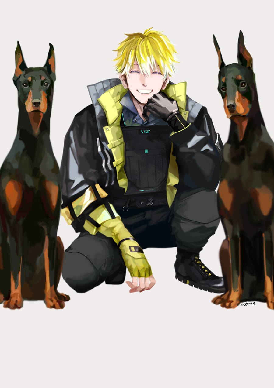 1boy ^_^ black_eyes black_footwear black_jacket black_pants blonde_hair boots closed_eyes collared_shirt doberman dog english_commentary fingerless_gloves gloves grey_background grey_shirt head_tilt highres jacket looking_at_viewer male_focus nijisanji nijisanji_en pants shirt smile solo sonny_brisko squatting virtual_youtuber welldoneegg yellow_gloves