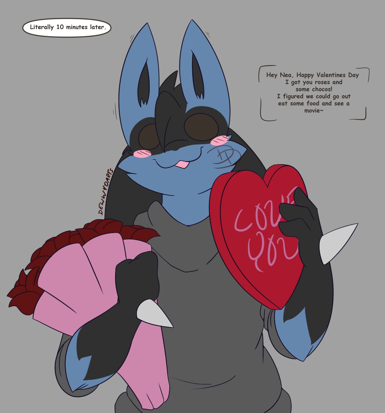 &lt;3 2021 anthro black_body black_fur black_hair blue_body blue_fur blush canid canine clothing dart_(dewwydarts) dewwydarts dialogue flower fur gloves_(marking) grey_clothing grey_shirt grey_topwear hair hi_res holding_object holidays lucario male mammal markings multicolored_body multicolored_fur nintendo plant pok&eacute;mon pok&eacute;mon_(species) rose_(flower) shirt simple_background simple_eyes solo spikes spikes_(anatomy) topwear two_tone_body two_tone_fur valentine's_day video_games