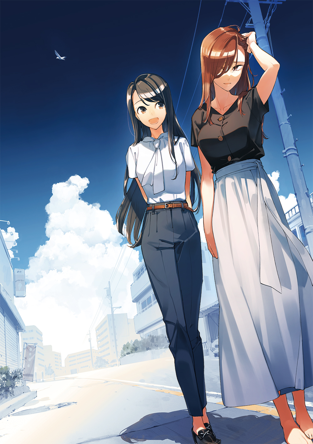 2girls arm_behind_back barefoot belt bird black_hair blue_sky breasts brown_hair building cloud cover_image dengeki_bunko dutch_angle flag hair_over_one_eye hair_over_shoulder hand_in_own_hair highres long_hair long_skirt medium_breasts multiple_girls nakatani_nio novel_illustration official_art open_mouth pants pole road shadow short_sleeves skirt sky textless_version walking