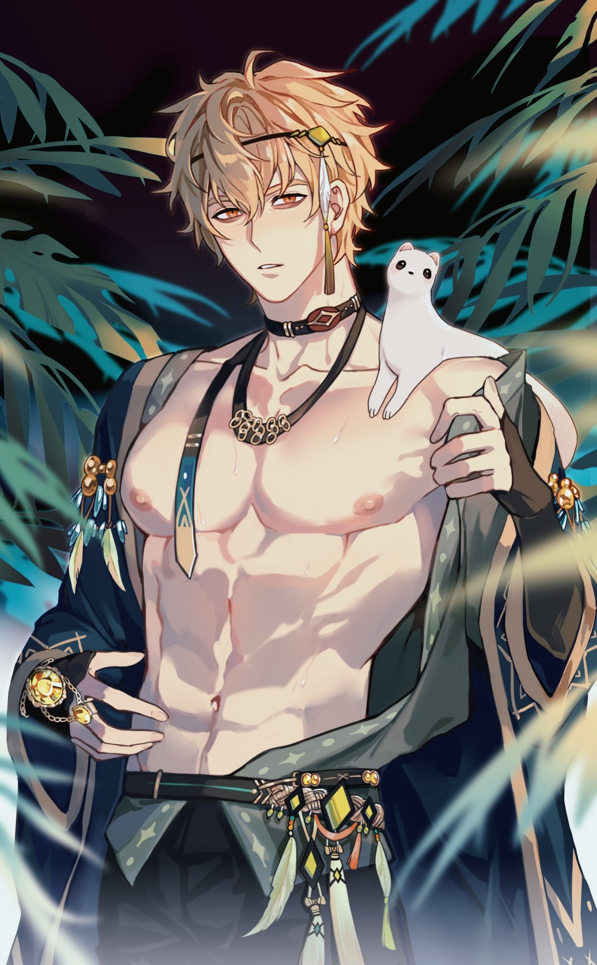 1boy abs bags_under_eyes belt black_choker black_gloves blonde_hair choker elbow_gloves ermine feathers fingerless_gloves gem gloves headband highres looking_at_viewer male_focus navel nipples nu_carnival off_shoulder orange_eyes palm_leaf parted_lips pectorals quincy_(nu_carnival) short_hair standing topper undressing yoture23