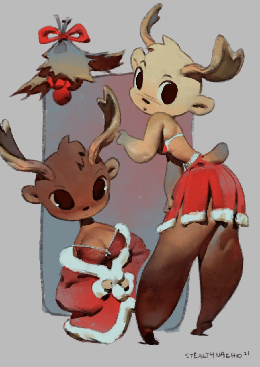 2021 anthro antlers biped bottomwear breasts capreoline cervid cleavage clothed clothing digital_media_(artwork) female full-length_portrait fur half-length_portrait head_tuft hi_res horn mammal mistletoe multiple_images plant portrait reindeer simple_background skirt solo standing stealthnachos tuft