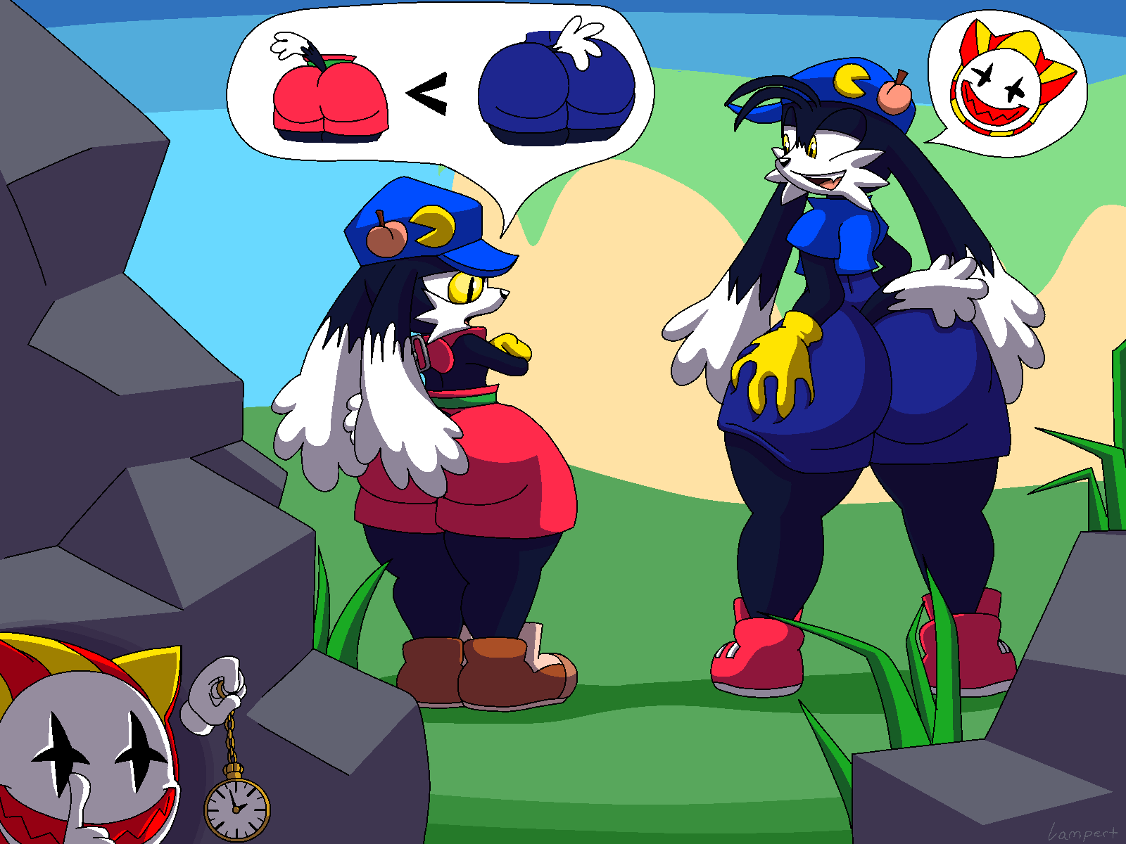 aged_up alternate_version_at_source anthro big_butt bottomwear bottomwear_pull butt butt_grab clothing clothing_pull digital_media_(artwork) domestic_cat felid feline felis food fruit group hand_on_butt hi_res joka_(klonoa) klonoa klonoa_(series) lampert male male/male mammal pac-man pac-man_(series) peach_(fruit) pixel_(artwork) plant shorts shorts_pull thick_thighs trio video_games