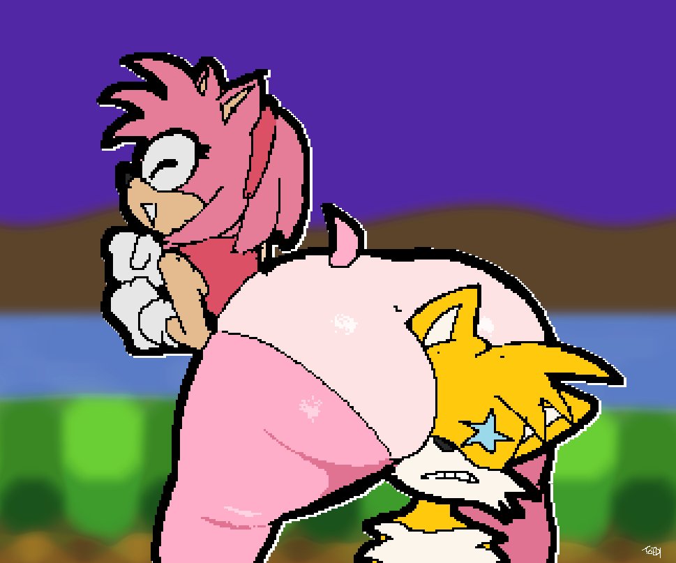 amy_rose anthro big_butt blonde_hair butt canid canine chest_tuft clothing dancing duo eulipotyphlan eyes_closed face_on_butt female fox gloves hair handwear hedgehog male male/female mammal miles_prower panties pink_body pink_hair sega shirt sonic_the_hedgehog_(series) star_eyes thick_thighs toedi topwear tuft underwear wide_hips yellow_body
