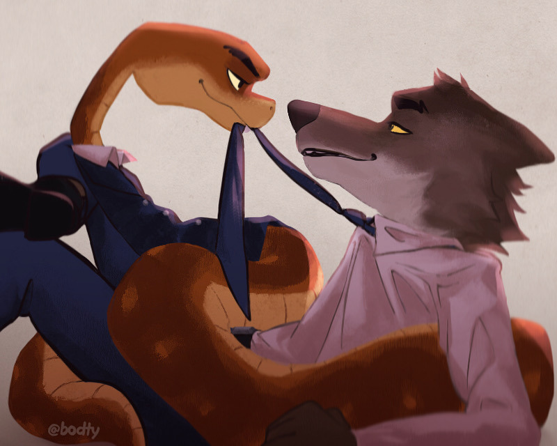 anthro bodty canid canine canis clothed clothing dreamworks duo entwined fur lustful_gaze male male/male mammal mr._snake_(the_bad_guys) mr._wolf_(the_bad_guys) necktie reptile scales scalie simple_background snake suit the_bad_guys wolf