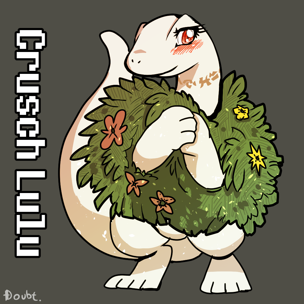 4_toes albino anthro big_tail biped blush cel_shading character_name clothed clothing crusch_lulu digital_drawing_(artwork) digital_media_(artwork) digitigrade doubt. eyelashes feet female flower front_view grey_background lizard lizardman_(overlord) long_neck long_tail looking_at_viewer markings neck_markings overlord_(series) plant pupils red_eyes reptile scalie shaded shrub signature simple_background slit_pupils smile smiling_at_viewer solo tan_markings thick_tail toes tribal tribal_markings white_body