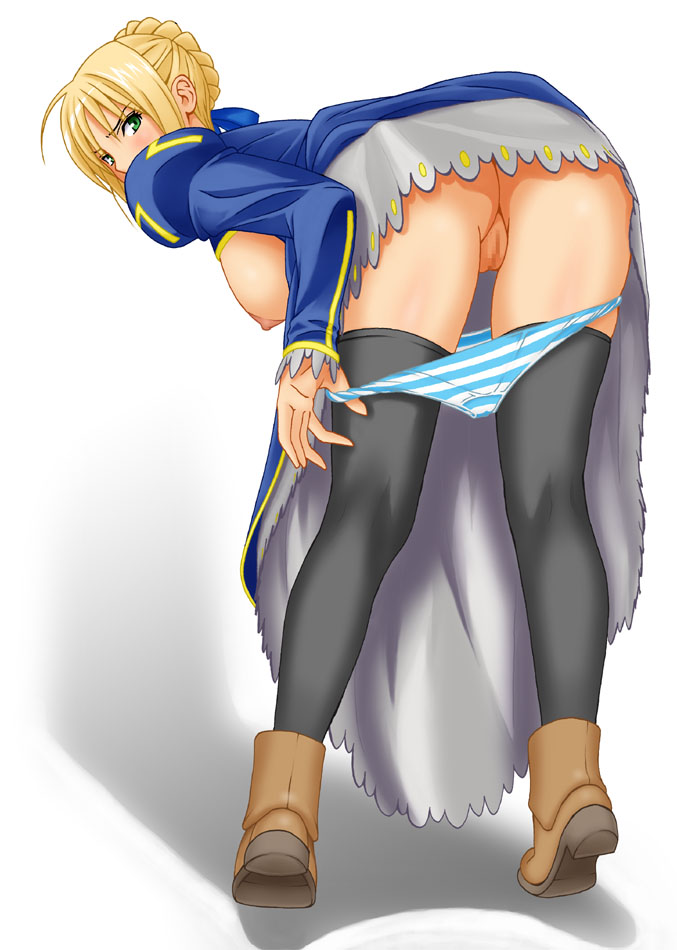artoria_pendragon_(all) ass bent_over blonde_hair breasts censored fate/stay_night fate_(series) green_eyes kneepits looking_back medium_breasts panties panty_pull pussy saber sanagi_torajirou solo striped striped_panties thighhighs underwear