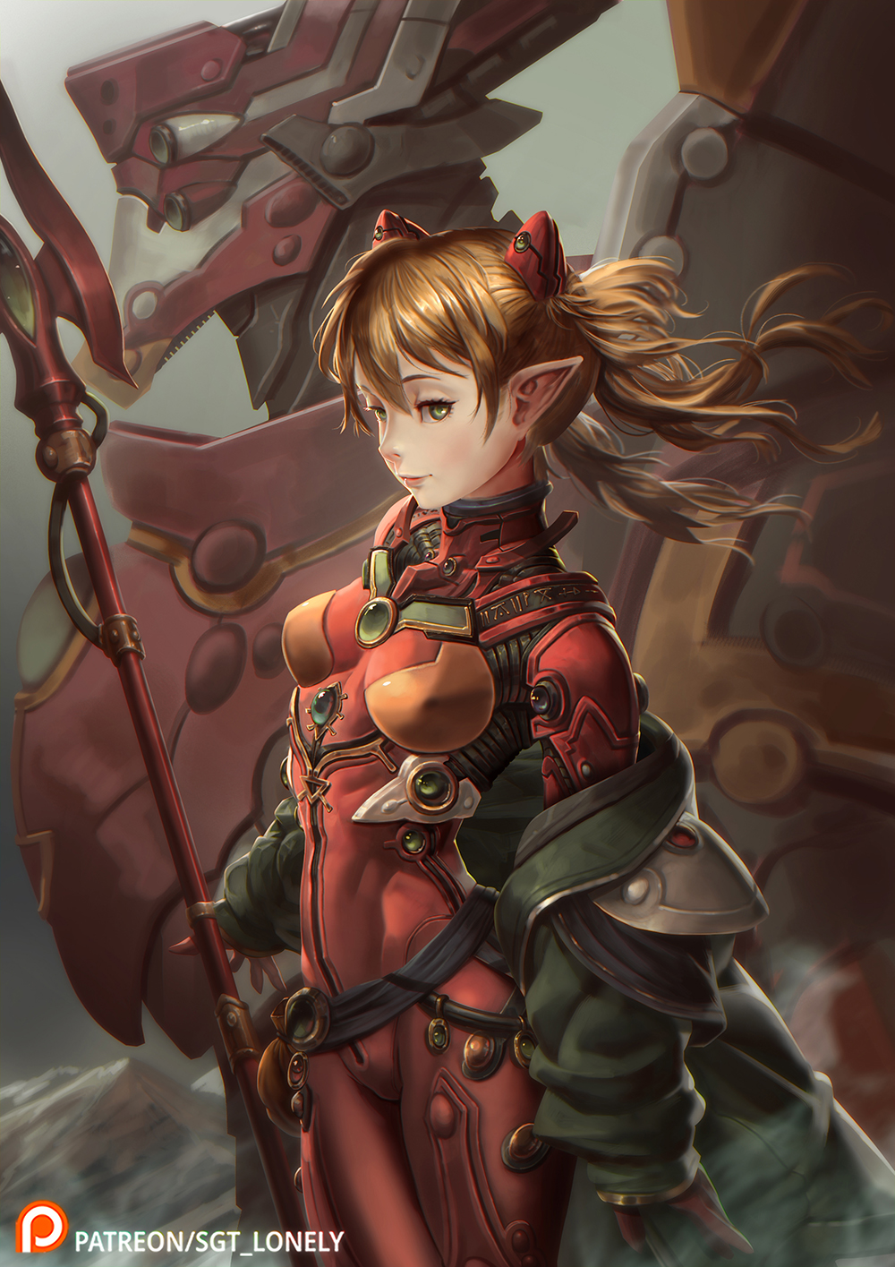 1girl adapted_costume belt bodysuit breasts brown_hair coat covered_nipples crossover eldar elf english_commentary eva_02 glaive green_coat green_eyes highres holding holding_polearm holding_weapon interface_headset lance_of_longinus lips long_coat looking_at_viewer loose_belt mecha medium_breasts medium_hair multicolored_bodysuit multicolored_clothes neon_genesis_evangelion nose off_shoulder orange_bodysuit pilot_suit plugsuit pointy_ears polearm rebuild_of_evangelion red_bodysuit sgt_lonely solo_focus souryuu_asuka_langley test_plugsuit twintails warhammer_40k weapon