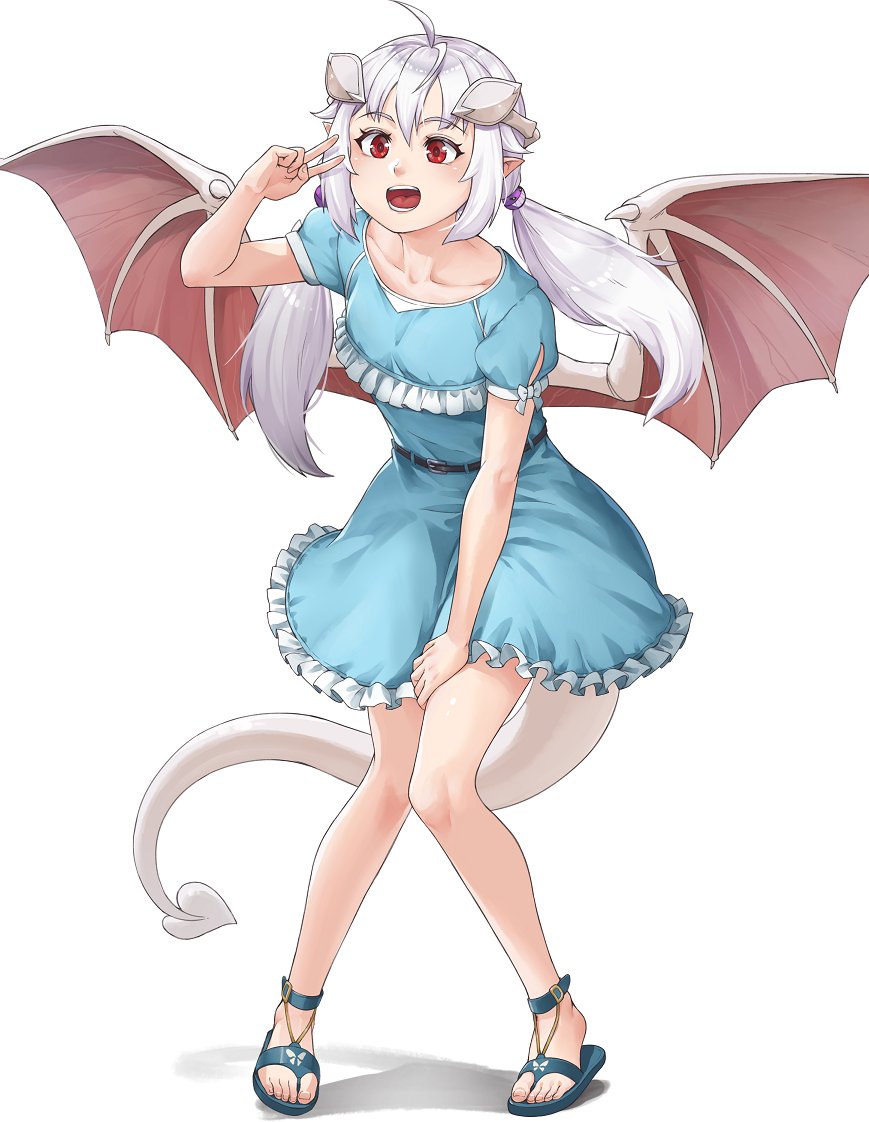 1girl :d belt blue_dress collarbone commentary demon_tail demon_wings dress english_commentary full_body hand_on_own_thigh horns knees_together_feet_apart lilim_(monster_girl_encyclopedia) long_hair low_twintails maritan_(pixelmaritan) monster_girl_encyclopedia open_mouth pointy_ears red_eyes runa_(maritan) sandals simple_background smile solo tail twintails v white_background white_hair wings