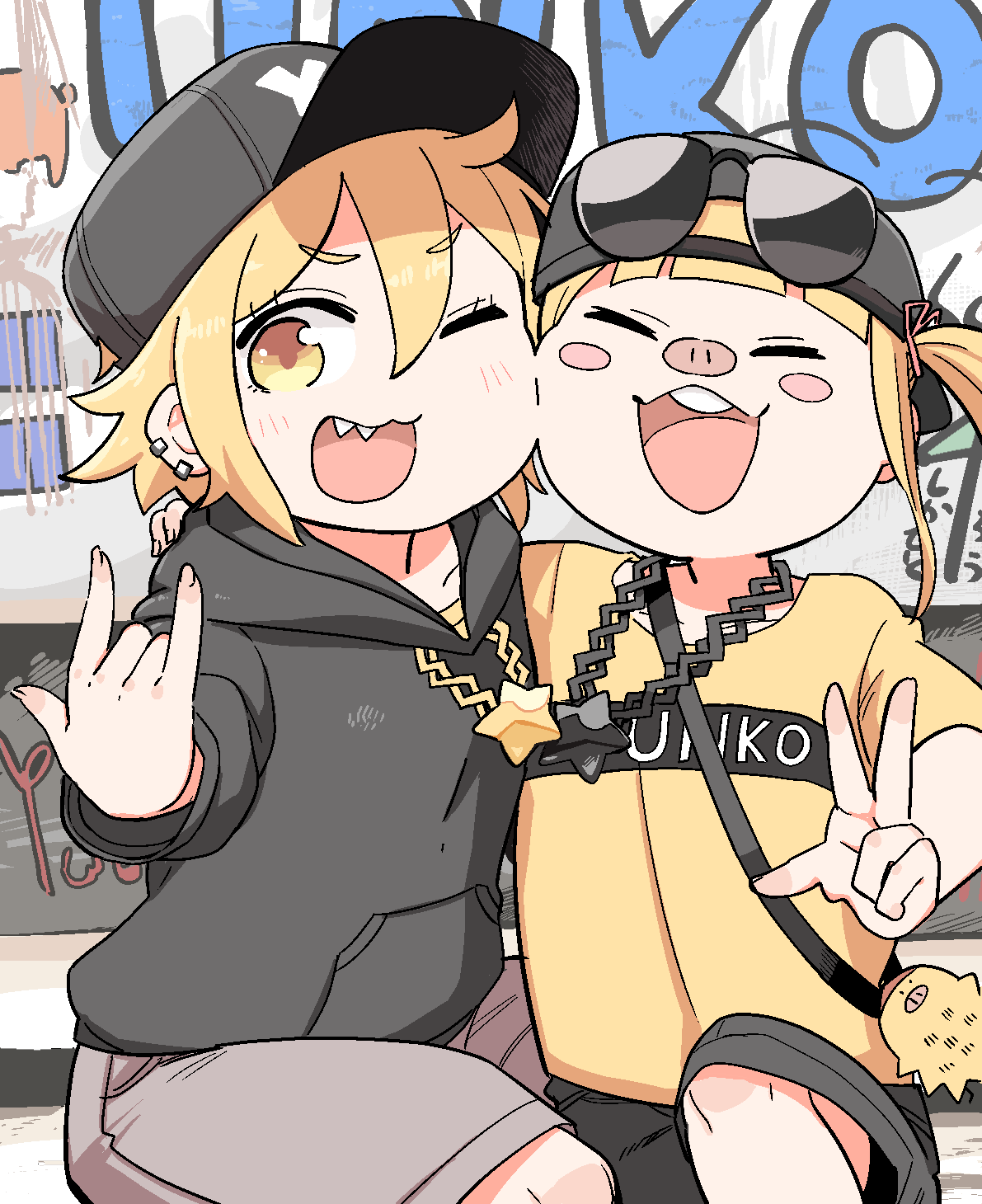 2girls ;3 ;d \m/ ^_^ ^o^ ai_ai_gasa backwards_hat bangs baseball_cap black_headwear black_hoodie black_shorts blonde_hair blunt_bangs blush_stickers buck_teeth character_request cheek-to-cheek cheek_press closed_eyes clothes_writing collarbone copyright_request ear_piercing eyebrows_visible_through_hair eyewear_on_head facing_viewer feet_out_of_frame foreshortening graffiti grey_shorts hair_between_eyes hand_on_another's_shoulder hand_up happy hare_(tetterutei) hat heads_together highres hood hood_down hoodie jaggy_lines jewelry knee_up light_blush long_sleeves looking_at_viewer looking_to_the_side multiple_girls multiple_piercings necklace one_eye_closed open_mouth outdoors outstretched_arm pendant piercing pig_nose pocket romaji_text sharp_teeth shirt short_eyebrows short_hair short_sleeves shorts side-by-side sitting smile star_(symbol) star_necklace strap sunglasses t-shirt teeth upper_teeth v-shaped_eyebrows w yellow_eyes yellow_shirt