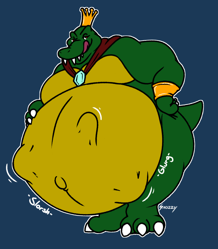 abdominal_bulge anthro belly big_belly crocodile crocodilian crocodylid crown donkey_kong_(series) hand_on_stomach king_k._rool licking licking_lips male male_pred nintendo reptile scalie snozzy tongue tongue_out video_games vore