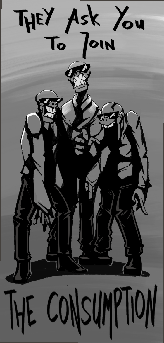 bald clothed clothing english_text eyewear greyscale grin group masterzoroark666 monochrome nobody's_home simple_background smile solid_black solid_black_shading teeth text undead video_games zombie