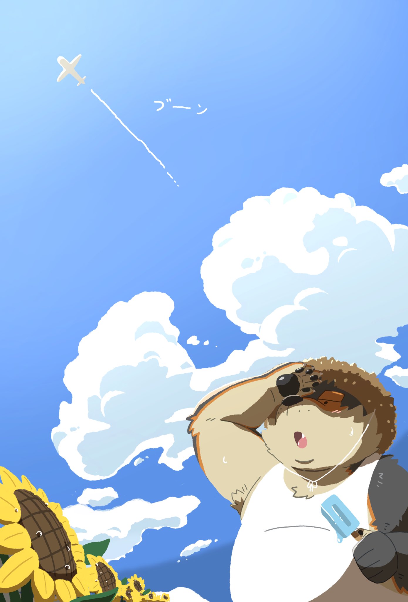 2022 aircraft airplane anthro black_body black_nose bodily_fluids brown_body canid canine canis clothing cloud domestic_dog flower food hat headgear headwear hi_res japanese_text kemono male mammal outside overweight overweight_male plant popsicle rvldlufsyyusigc shirt solo straw_hat sunflower sweat text topwear