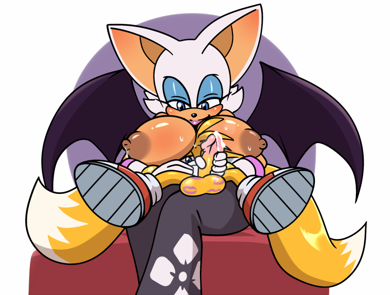 2_tails anthro balls big_breasts bodily_fluids breast_pillow breasts canid canine chiropteran duo female fox genital_fluids genitals handjob hyoumaru kiss_mark male male/female mammal miles_prower multi_tail nipples on_lap penile penis precum rouge_the_bat sega sex sitting sitting_on_lap sonic_the_hedgehog_(series) sweat wings