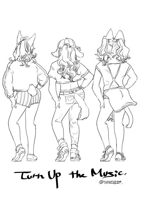 2017 anthro baseball_cap belt biped black_and_white bottomwear canid canine canis clothed clothing crop_top digital_media_(artwork) domestic_cat domestic_dog felid feline felis female floppy_ears footwear full-length_portrait fully_clothed fur group hair hand_on_own_leg hat headgear headwear kemono line_art long_hair long_sleeves mammal medium_hair monochrome pants pigtails plantigrade portrait rear_view shirt shoelaces shoes short_hair short_sleeves shorts simple_background sneakers standing sweater teteteko topwear trio white_background