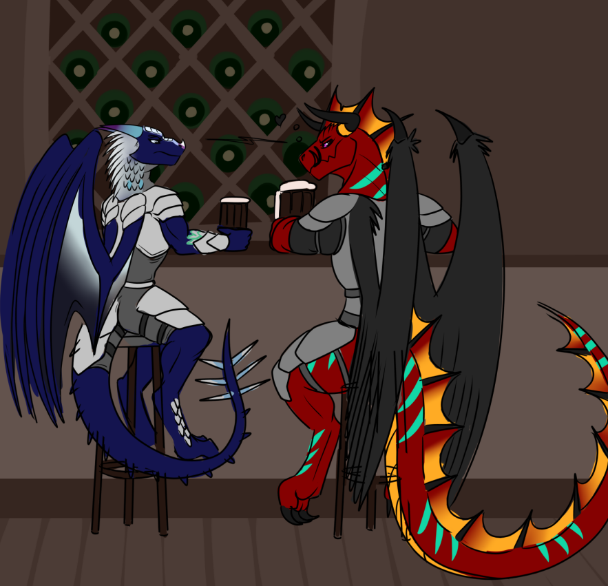 anthro armor dragon duo galaxy_(dragon) hybrid icewing_(wof) lera_(leraptopes) leraptopes male male/male mug nightwing_(wof) scalie tavern western_dragon wings_of_fire wood_stool