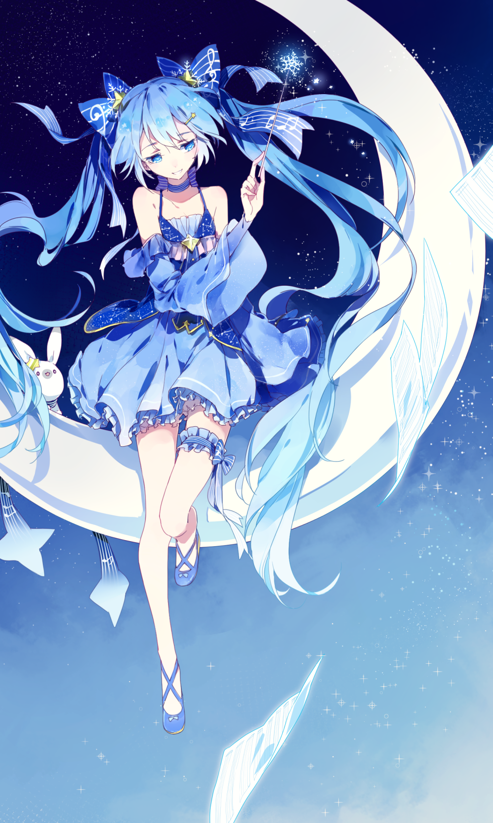 1girl 1other animal bare_shoulders bass_clef beamed_eighth_notes blue_dress blue_eyes blue_footwear blue_hair blue_ribbon commentary constellation_print crescent_moon dress eighth_note frilled_dress frilled_legwear frills full_body grin hair_ornament hand_up hatsune_miku highres holding holding_wand long_hair looking_down moon musical_note musical_note_print neck_ribbon night night_sky rabbit rabbit_yukine ribbon shuzi sky smile snowflake_hair_ornament snowflakes spaghetti_strap staff_(music) star_(sky) star_(symbol) star_hair_ornament star_print striped striped_ribbon thigh_strap treble_clef twintails very_long_hair vocaloid wand yuki_miku yuki_miku_(2017)