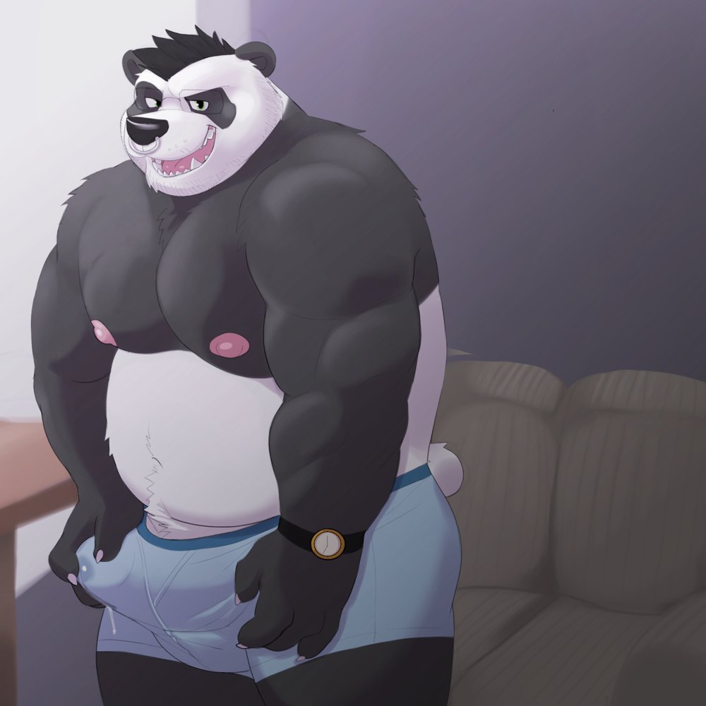 4_fingers anthro bedroom_eyes bin_(artist) black_body black_fur black_hair bodily_fluids boxers_only bulge clock clothed clothing erection erection_under_clothing facial_piercing fingers fur furniture genital_fluids genital_outline genitals giant_panda hair hand_on_penis looking_at_viewer male mammal moobs musclegut narrowed_eyes navel nipples nose_piercing nose_ring open_mouth open_smile penis penis_outline piercing precum precum_through_clothing seductive shirtless slightly_chubby smile sofa solo ursid watch wet wet_clothing white_body white_fur