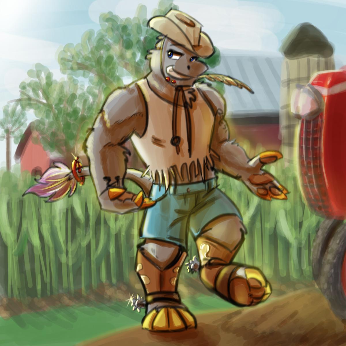 anthro boots chupadore clothing colored_nails cowboy_boots cowboy_hat crossroadspony dancing detailed_background farm footwear furgonomics furry-specific_piercing grin hat headgear headwear hi_res looking_at_viewer male muscular nails piercing raemyshu rvb_revolution samael_wurlitz smile solo spurs tattoo tractor