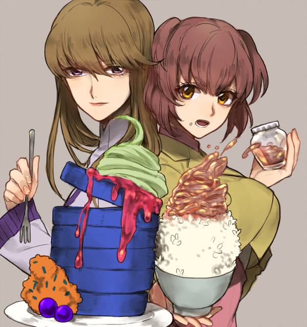 2girls back-to-back bad_food bangs bowl breasts brown_eyes brown_hair brown_jacket expressionless flat_chest food food_on_face holding holding_bowl holding_jar irie_tamaki jacket jar kugimiya_kei large_breasts looking_at_viewer majestic_prince multiple_girls open_mouth oshioyu pink_shirt purple_eyes purple_shirt rice shirt short_hair syrup two_side_up