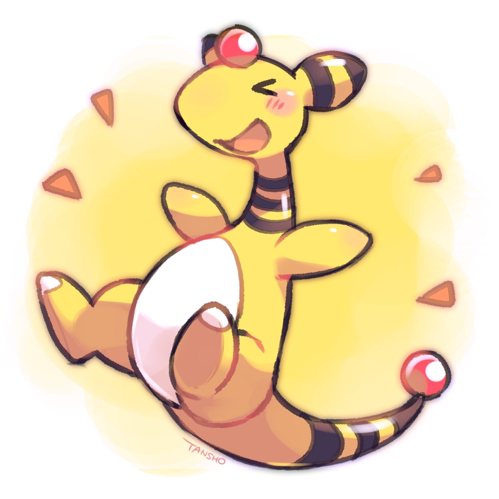 &gt;_&lt; :d ampharos blush closed_eyes commentary_request full_body happy no_humans open_mouth outstretched_arms pokemon pokemon_(creature) signature smile solo tansho tongue