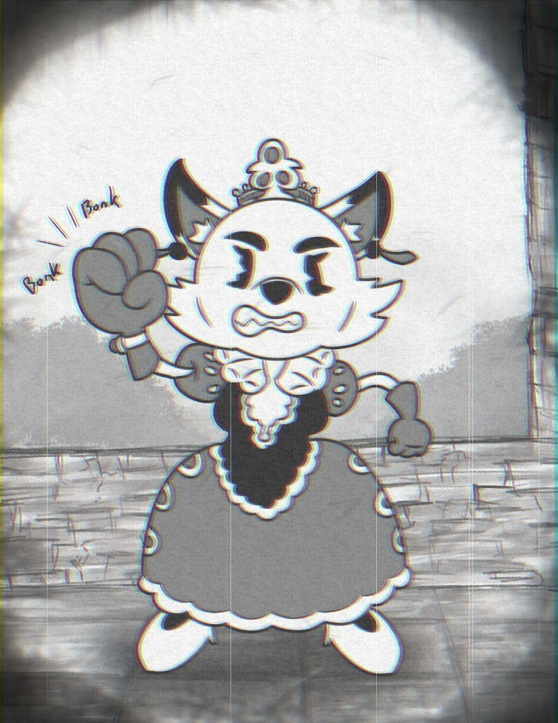 angry anthro breaking_the_fourth_wall canid canine clothed clothing crown dr_doc_md dress ear_piercing ear_ring female fleischer_style_toon fox gloves greyscale handwear inner_ear_fluff looking_at_viewer mammal monochrome nakhta pie_cut_eyes piercing queen royalty solo toony tuft vintage