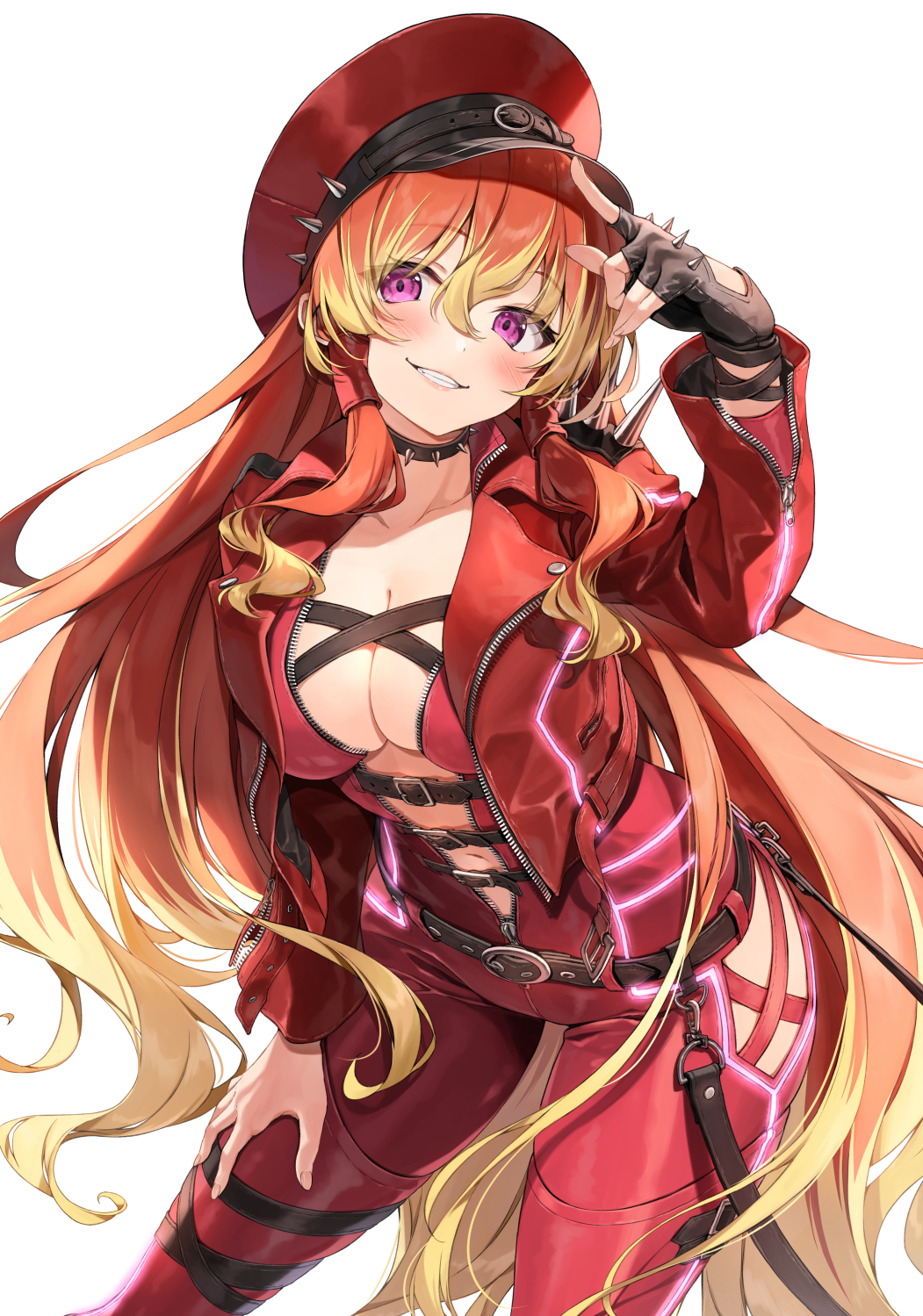 1girl belial_(sentouin_hakenshimasu!) black_choker black_gloves blonde_hair breasts choker cleavage clothing_cutout fingerless_gloves gloves grin hair_between_eyes hand_on_own_thigh hat highres hip_vent jacket kakao_rantan large_breasts leather leather_jacket long_sleeves looking_at_viewer multicolored_hair navel open_clothes open_jacket pink_eyes red_hair red_headwear red_jacket sentouin_hakenshimasu! smile spiked_choker spiked_gloves spikes thigh_strap white_background