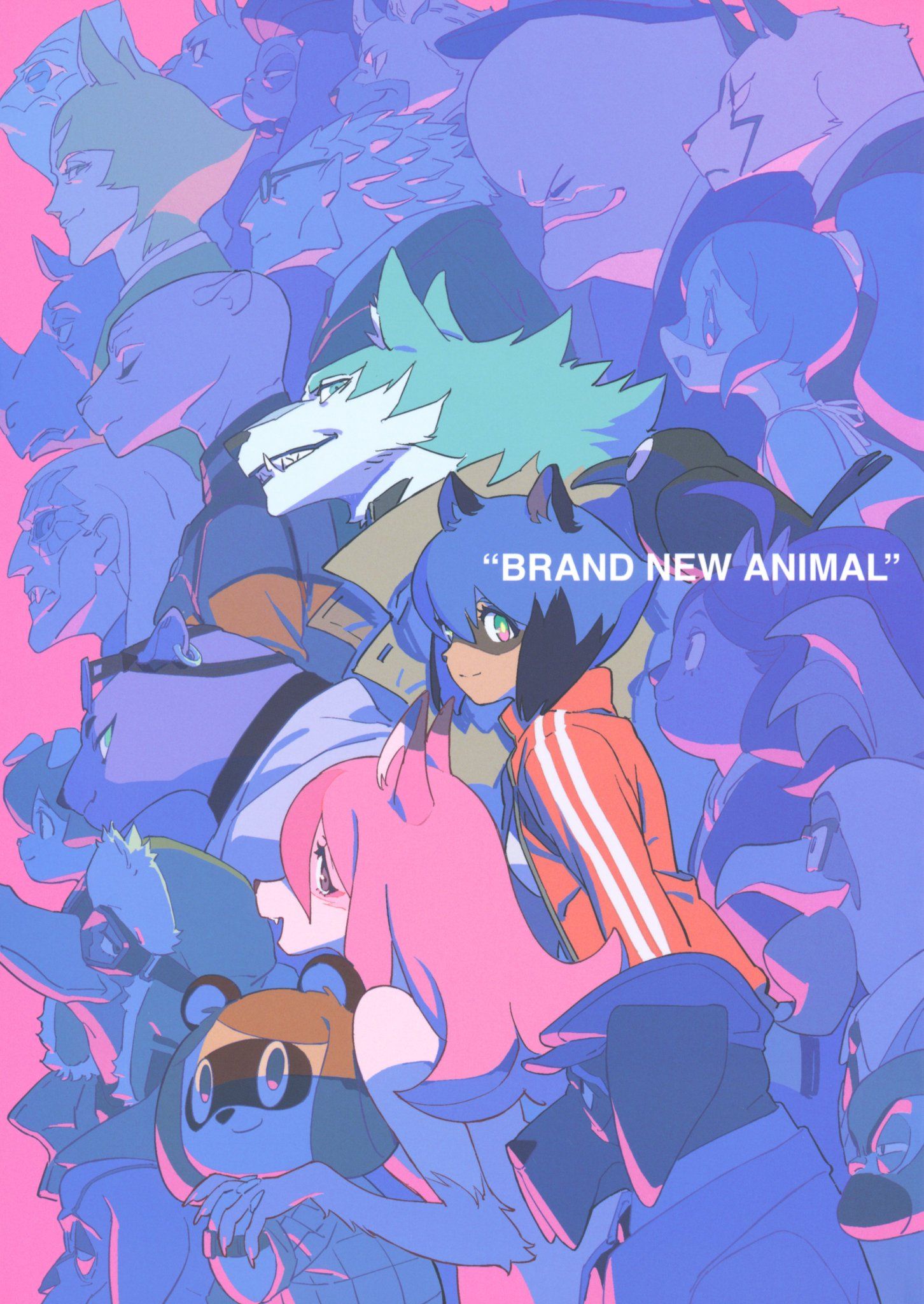 6+boys 6+girls alan_sylvasta animal_ear_fluff animal_ears animal_on_head aqua_eyes aqua_hair artbook bangs barbara_rose bare_shoulders beak bird bird_boy bird_on_head black_bird black_hair blue_hair body_fur boris_cliff brand_new_animal brown_coat brown_hair cabbie_hat character_request closed_eyes closed_mouth coat copyright_name cover crow dark-skinned_female dark_skin dog_boy dog_ears dolphin_girl earrings everyone fang fox_ears fox_girl from_side furry furry_female furry_male gem_horner giuliano_flip glasses goggles goggles_on_head gradient_eyes green_eyes hair_tie halterneck hat high_ponytail highres hiwatashi_nazuna jacket jackie_(bna) jewelry kagemori_michiru kuro_(bna) long_hair looking_ahead looking_at_viewer looking_back marie_itami melissa_horner mink_girl multicolored_eyes multicolored_hair multiple_boys multiple_girls nina_flip non-web_source official_art ogami_shirou on_head open_mouth parted_lips partially_colored pink_background pink_eyes pink_fur pink_hair purple_hair raccoon_ears raccoon_girl red_jacket sharp_teeth shirt short_hair smile striped suit_jacket teeth track_jacket trench_coat two-tone_hair vertical_stripes white_coat white_fur white_shirt wolf_boy wolf_ears yoshinari_you