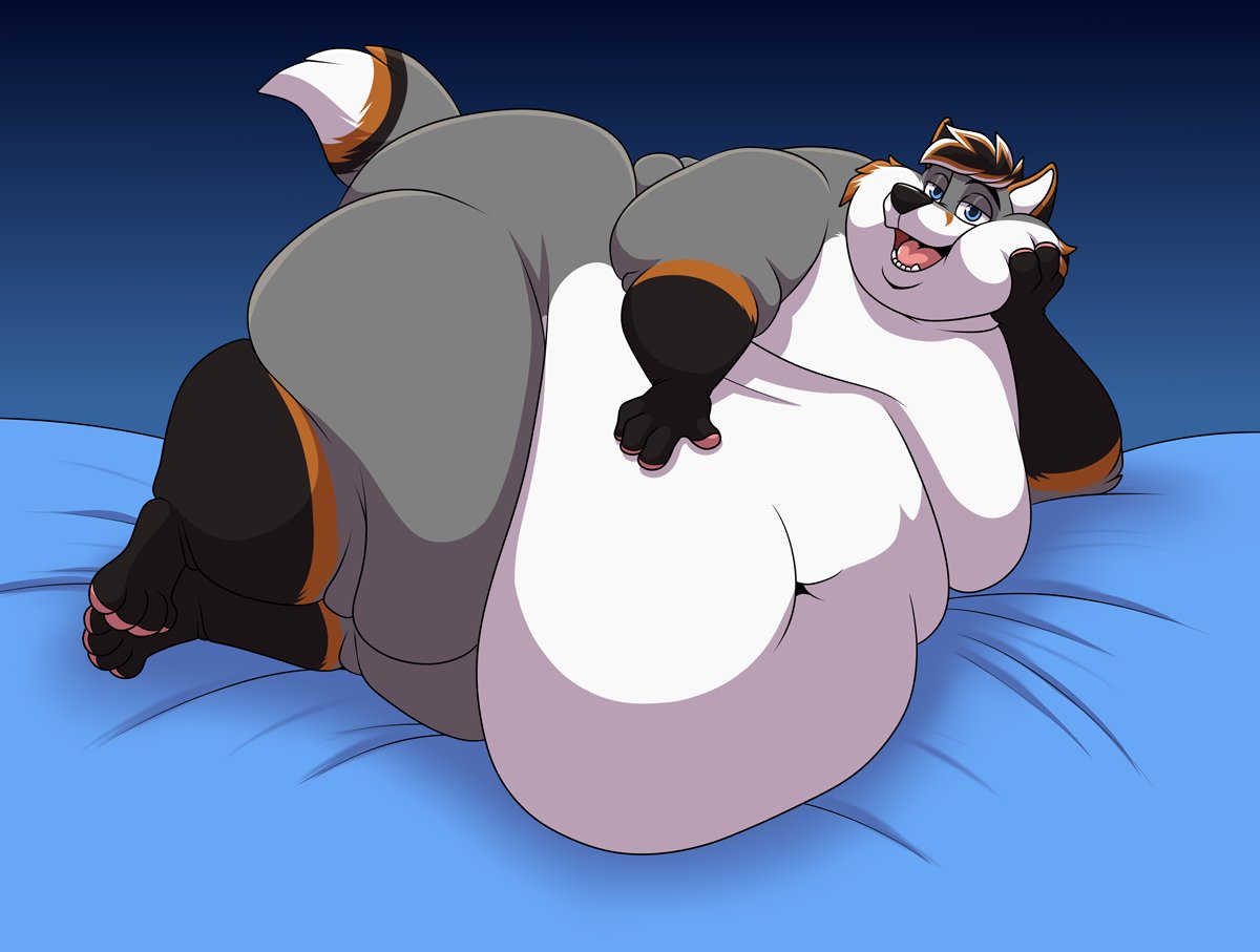 anthro bed belly belly_rub big_belly canid canine fox furniture hyper hyper_belly looking_at_viewer lying lying_on_bed male mammal morbidly_obese morbidly_obese_male obese obese_male on_bed on_side overweight overweight_male shikakaka thick_thighs wide_hips