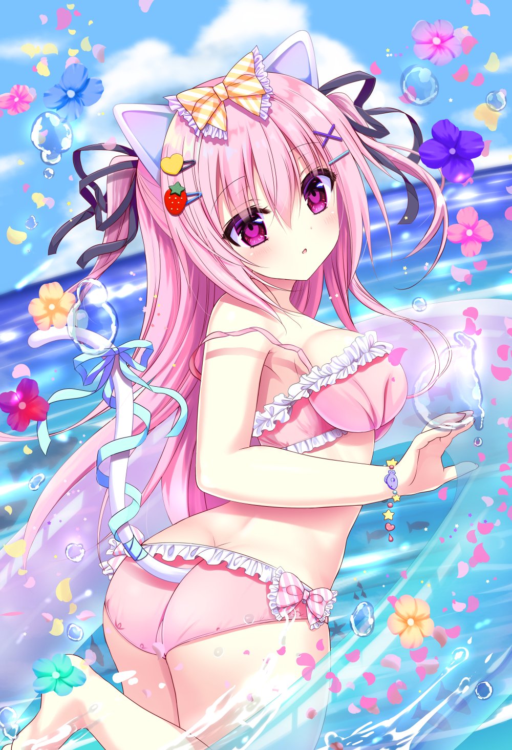 1girl animal_ears ass back bangs bikini blue_sky blush bracelet breasts cat_ears cat_girl cat_tail cloud commentary_request day eyebrows_visible_through_hair flower food-themed_hair_ornament frilled_bikini frills hair_between_eyes hair_ornament hair_ribbon highres horizon jewelry looking_at_viewer medium_breasts ocean original outdoors pink_eyes pink_hair ribbon shiwasu_horio sky solo strawberry_hair_ornament swimsuit tail twisted_torso wading water_drop x_hair_ornament