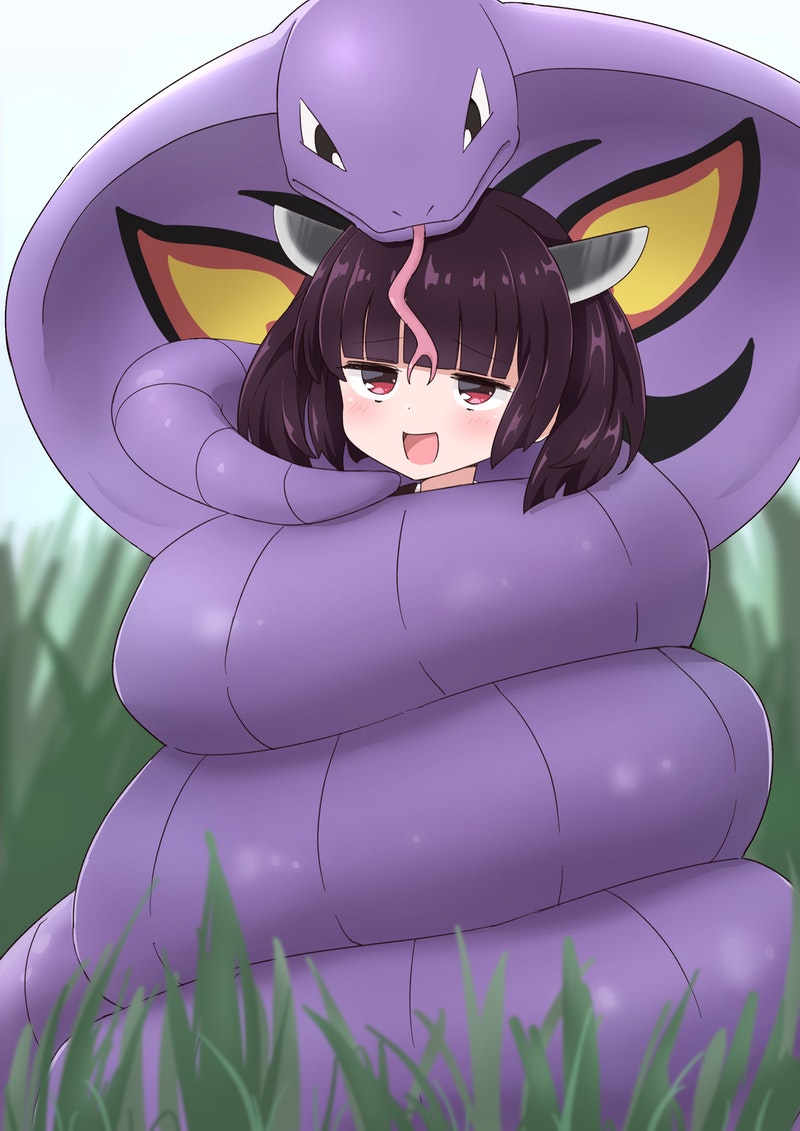 1girl arbok bangs black_hair blunt_bangs blush bound commission constriction crossover eyebrows_visible_through_hair forked_tongue grass headgear junes open_mouth pokemon pokemon_(creature) red_eyes short_hair short_twintails skeb_commission tongue touhoku_kiritan twintails voiceroid
