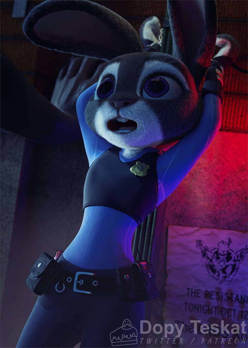 3d_(artwork) anthro clothed clothing cuff_(restraint) digital_media_(artwork) disney female fur grey_body grey_fur handcuffed handcuffs hands_in_air hi_res judy_hopps lagomorph leporid mammal metal_cuffs open_mouth police_uniform purple_eyes rabbit restrained restraints sashacakes solo teeth uniform zootopia