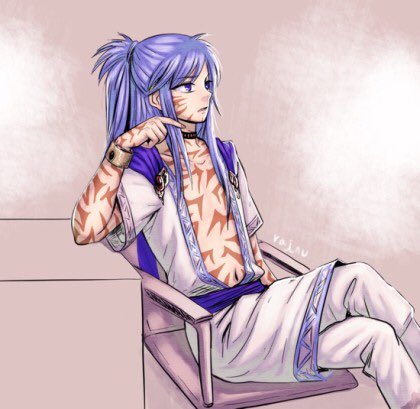 1boy arcturus bangs blue_hair chair commentary_request expressionless eyebrows_visible_through_hair feet_out_of_frame full-body_tattoo kim_rodel korean_commentary long_hair looking_afar lowres male_focus open_clothes open_mouth open_shirt pants ponytail purple_eyes shirt sidelocks signature sitting sizz_flair solo tattoo white_pants white_shirt