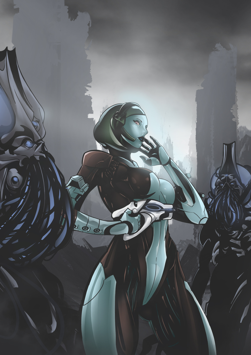 1girl 2girls 2others 7zaki adjutant_(mass_effect) alien android black_hair black_lips black_skin breasts colored_skin completely_nude edi_(mass_effect) grey_skin gun handgun headset holding holding_gun holding_weapon joints mass_effect_(series) mass_effect_3 medium_breasts metal_skin multicolored_skin multiple_girls multiple_others no_nipples nude pistol post-apocalypse robot_joints science_fiction scorpion_(mass_effect) short_hair solo_focus two-tone_skin weapon