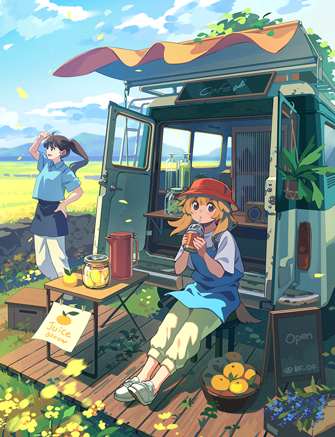2girls :&lt; :d ahoge animal_ears apron arm_up bangs bf._(sogogiching) black_eyes blue_apron blue_flower blue_shirt blue_sky blurry cafe capri_pants cloud collared_shirt cup day depth_of_field disposable_cup dog_ears dog_girl dog_tail dot_nose drink drinking drinking_straw drinking_straw_in_mouth english_text eyebrows_visible_through_hair falling_petals field film_grain floating_hair flower flower_pot food from_side fruit ground_vehicle hand_on_hip hands_up hat holding holding_cup holding_drink jar lemon lemon_slice long_hair looking_afar looking_ahead looking_at_viewer mandarin_orange menu_board motion_blur mountainous_horizon multiple_girls orange_hair original outdoors outstretched_legs pants petals plant ponytail potted_plant red_headwear scenery shade shading_eyes shadow shirt shoelaces shoes short_sleeves sideways_mouth sitting sky smile sneakers standing symbol-only_commentary table tail twitter_username white_footwear white_pants white_shirt wide_shot wind wing_collar yellow_flower yellow_pants