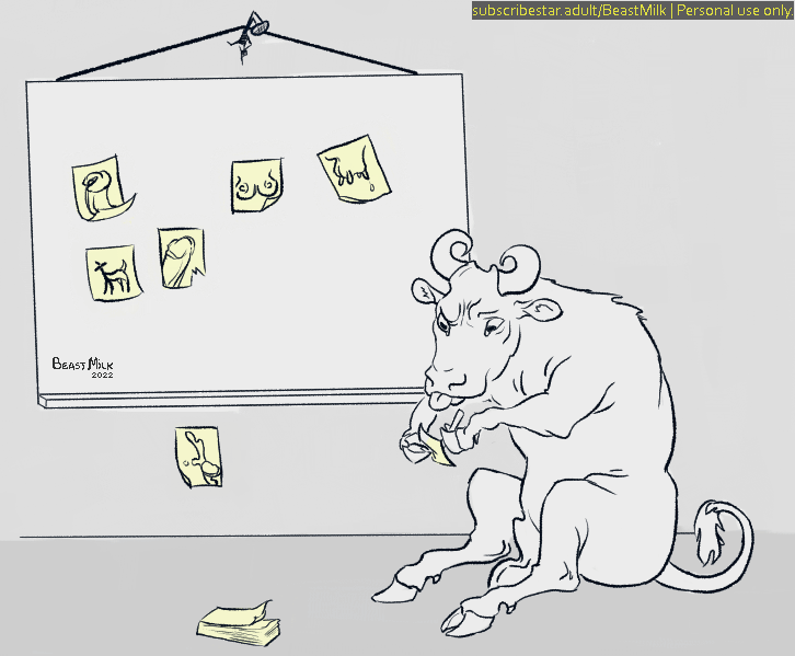 2d balls beastmilk bovid bovine cattle cervid drawing genitals hooves horn inks lined male mammal penis post-it_note sitting teats tongue tongue_out udders whiteboard