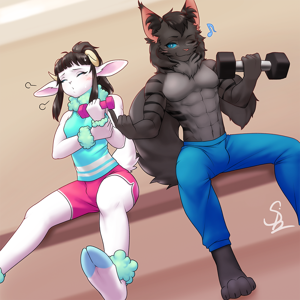 1:1 anthro bottomwear bovid caprine clothing domestic_cat dumbbell duo exercise exercise_clothing felid feline felis gym gym_clothing hybrid lynx maine_coon male mammal muscular muscular_male pants sheep shirt shorts siamkhan tank_top topwear weights