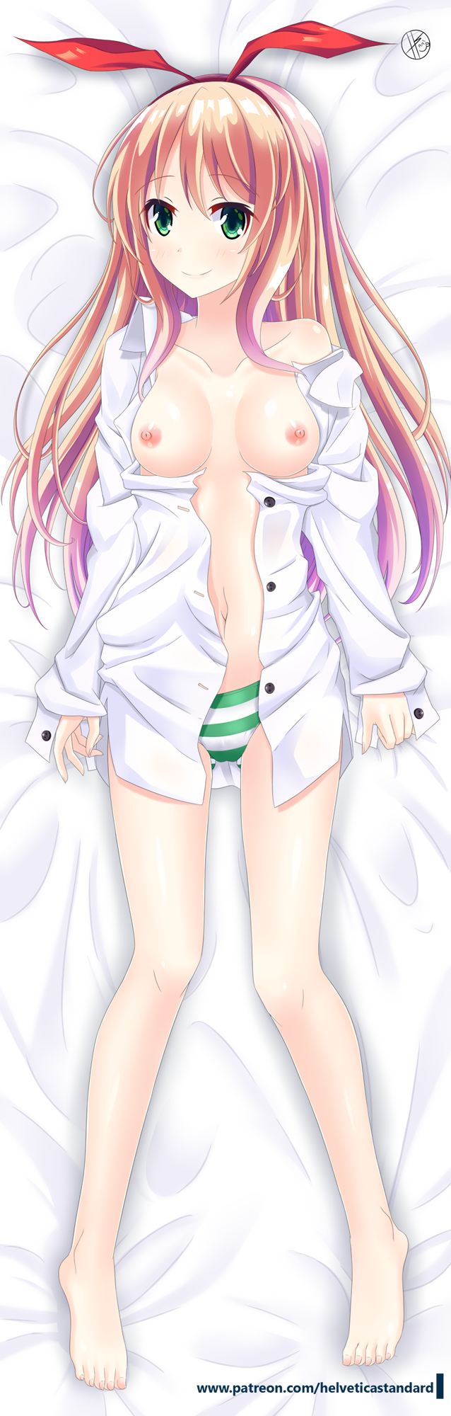 1girl bare_legs barefoot bed_sheet blonde_hair breasts breasts_apart cicini_(rabi-ribi) collarbone commentary dakimakura dress_shirt eyebrows_visible_through_hair full_body gluteal_fold gradient_hair green_eyes hairband helvetica_5tandard highres long_hair lying medium_breasts multicolored_hair navel nipples no_bra on_back open_clothes open_shirt panties pink_hair rabi-ribi red_hairband shirt smile solo striped striped_panties underwear white_shirt