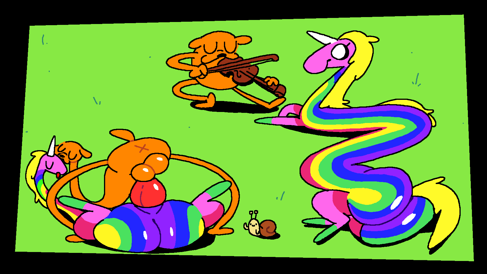 adventure_time anthro balls big_balls big_butt butt canid canine canis cartoon_network domestic_dog duo equid equine female feral gastropod genitals hi_res horn horse jake_the_dog lady_rainicorn lying male male/female mammal mollusk musical_instrument penetration penis pussy snail superiorfox unicorn vaginal vaginal_penetration