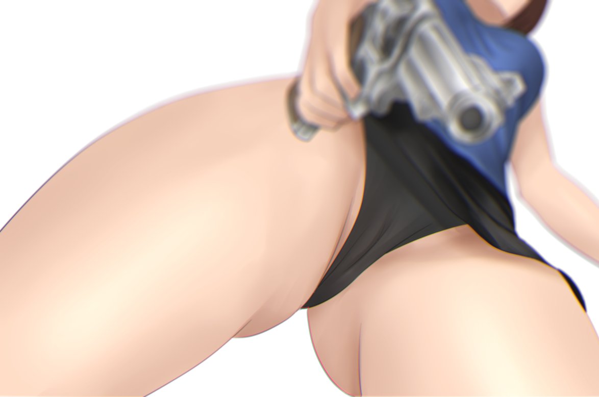 aiming_at_viewer ass_visible_through_thighs black_panties black_skirt blue_shirt blurry blurry_background brown_hair commentary_request cowboy_shot english_commentary foreshortening from_behind gun head_out_of_frame holding holding_gun holding_weapon jill_valentine miniskirt mixed-language_commentary nyatokanyaru panties resident_evil resident_evil_3 revolver shirt simple_background skirt spread_legs thick_thighs thighs thong underwear weapon white_background