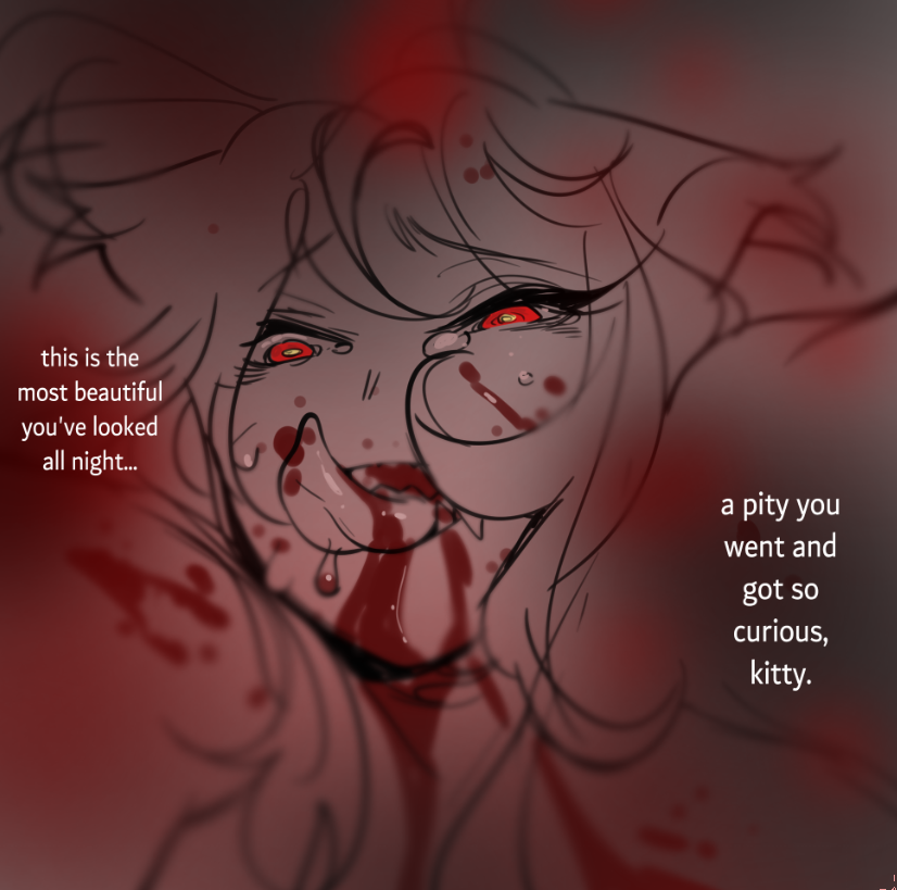 2022 animal_humanoid blood blood_drip blood_on_face blood_on_teeth bodily_fluids canid canid_humanoid canine canine_humanoid dialogue english_text first_person_view fox_humanoid glacierclear humanoid licking licking_lips mammal mammal_humanoid red_eyes strawberry_cheesecake_(glacierclear) text tongue tongue_out