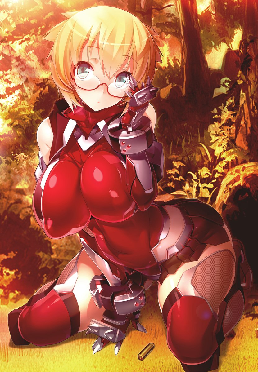 1girl armlet bangs bare_shoulders blood bodysuit boots breasts character_request elbow_gloves full_body glasses gloves grass green_hair highres kagami_hirotaka large_breasts leotard ninja official_art open_mouth outdoors red_bodysuit red_footwear red_gloves red_leotard seiza short_sleeves sitting solo spiked_armlet taimanin_(series) taimanin_asagi_kessen_arena taimanin_suit thigh_boots tree
