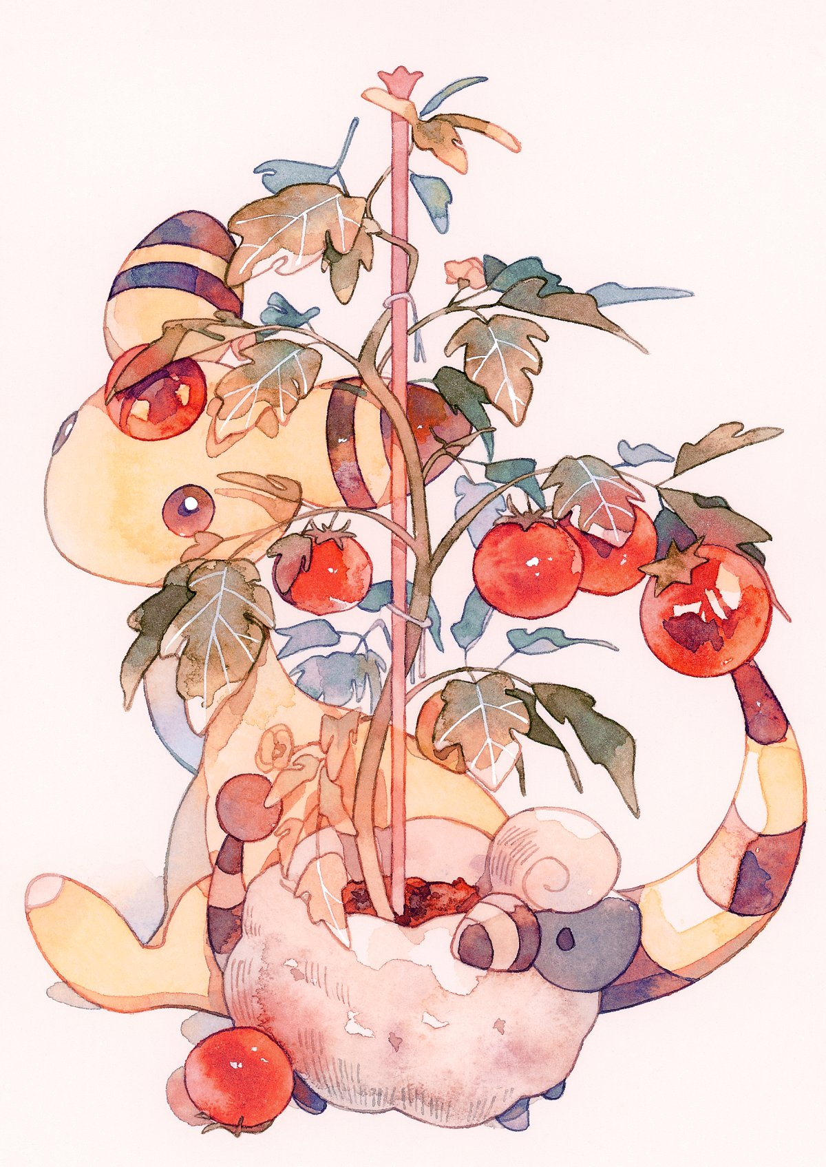 ampharos black_eyes brown_eyes commentary_request evolutionary_line food fruit highres leaf mareep no_humans oharu-chan pokemon pokemon_(creature) solo themed_object traditional_media white_background