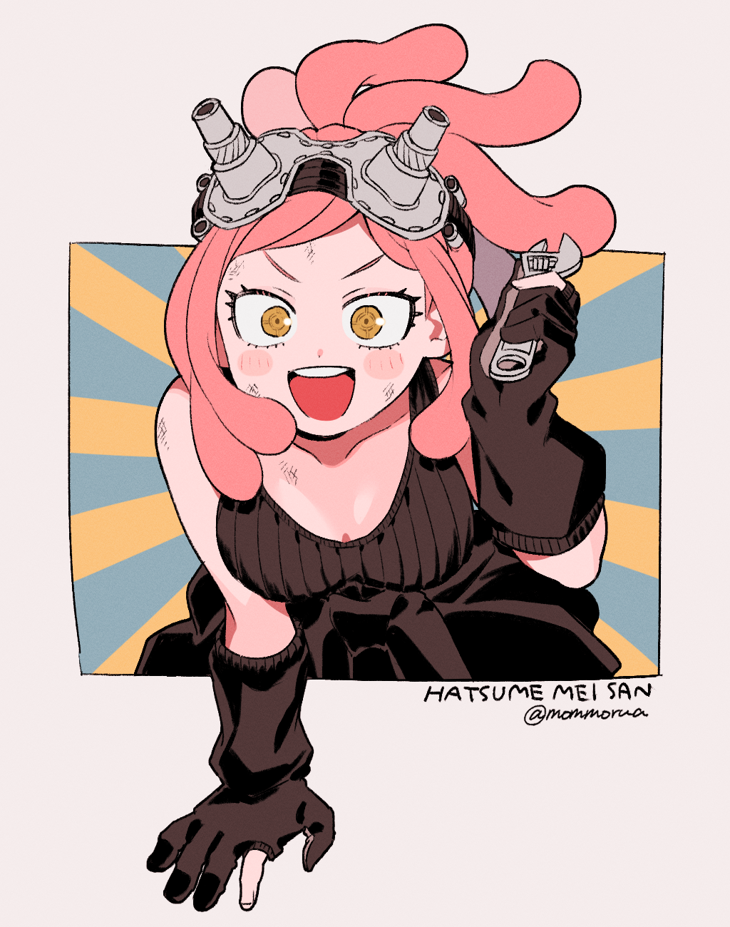 1girl :d black_gloves black_shirt blush_stickers boku_no_hero_academia breasts character_name gloves goggles goggles_on_head grey_background hatsume_mei highres holding holding_wrench long_hair looking_at_viewer medium_breasts nns146 partially_fingerless_gloves pink_hair shirt smile smudge solo symbol-shaped_pupils twitter_username wrench yellow_eyes