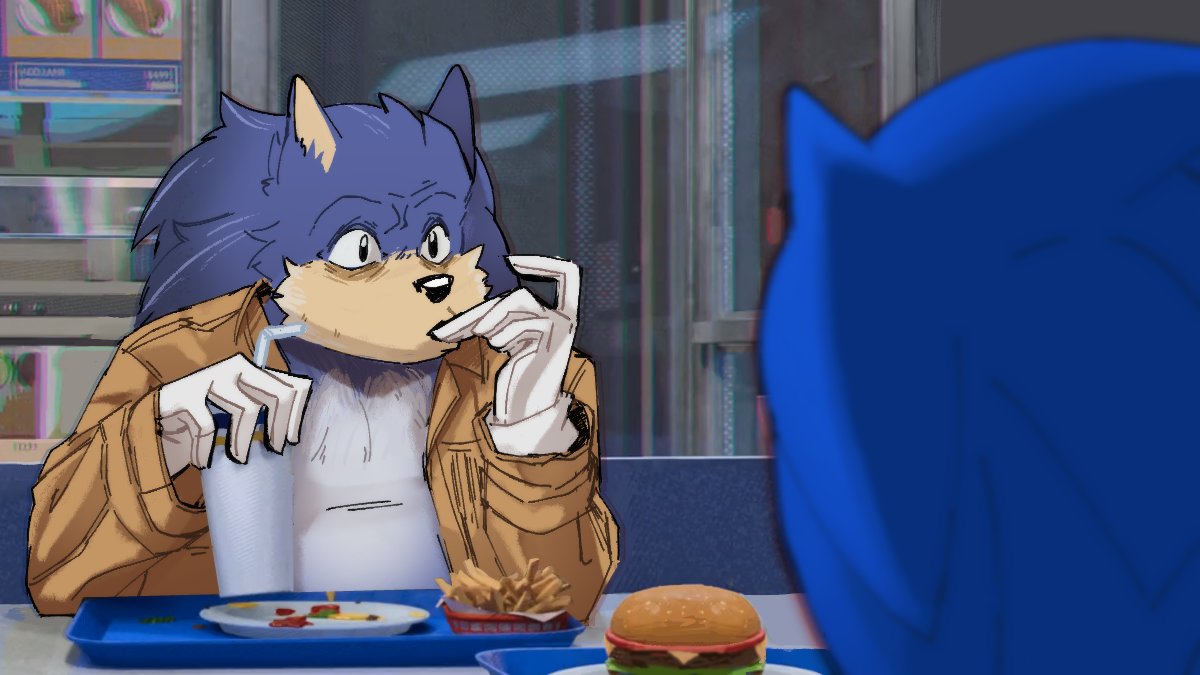 16:9 anthro beverage black_eyes black_nose blue_body blue_fur burger clothed clothing duo edit eulipotyphlan food fries fur gloves handwear hedgehog holding_beverage holding_object looking_at_another male mammal mobiussoda sega sonic_the_hedgehog sonic_the_hedgehog_(series) spider-man:_into_the_spider-verse tan_body tan_fur ugly_sonic white_clothing white_gloves white_handwear widescreen