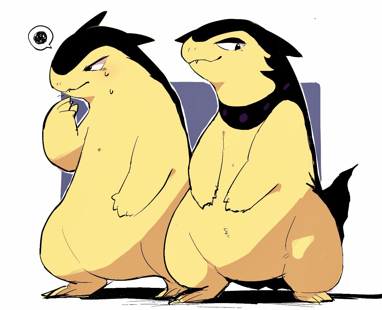 anthro bodily_fluids dorobo_39 duo embarrassed fur hisuian_typhlosion lidded_eyes nintendo pok&eacute;mon pok&eacute;mon_(species) regional_form_(pok&eacute;mon) slightly_chubby sweat thick_thighs typhlosion video_games yellow_body yellow_fur